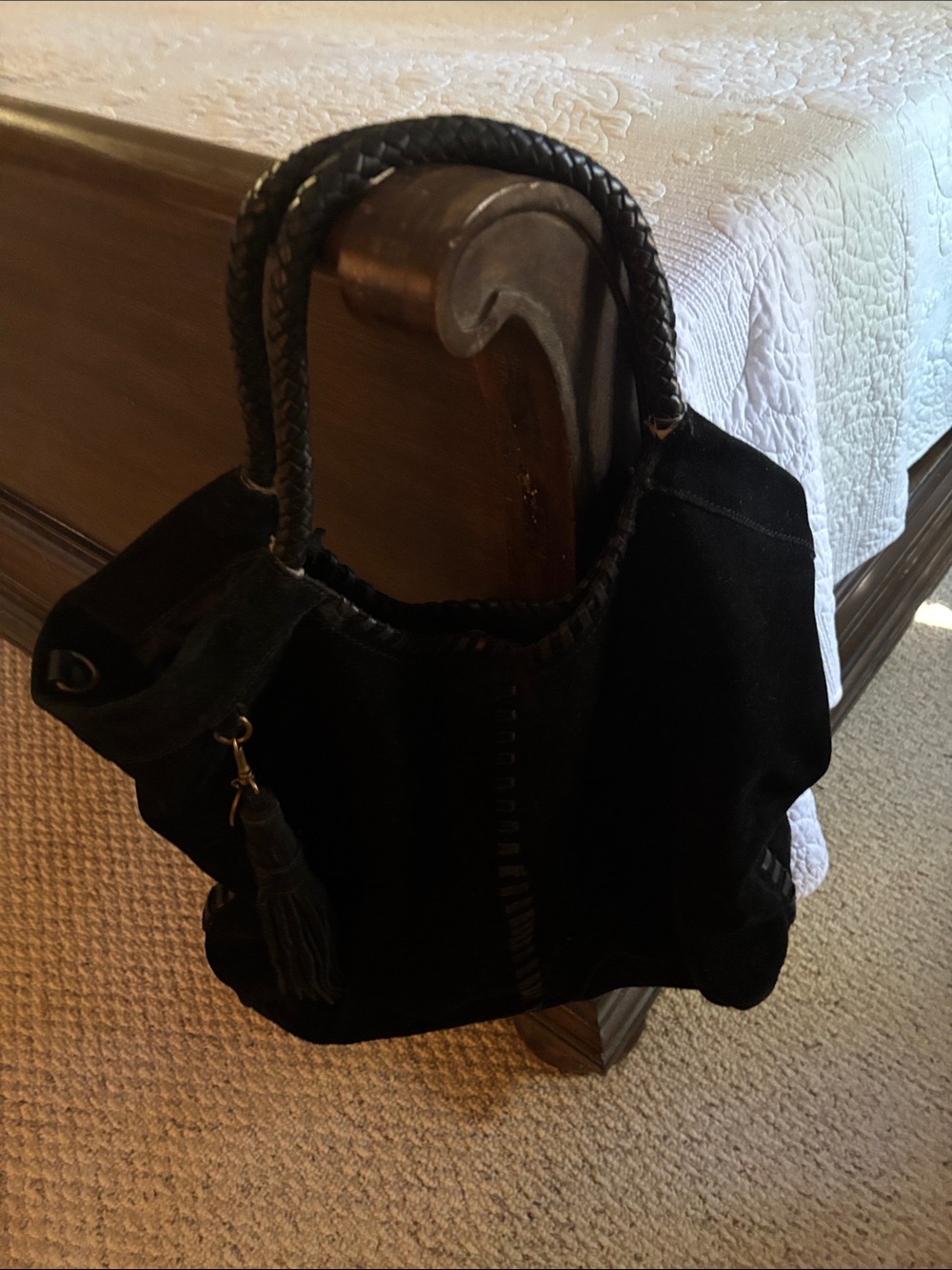 “Crown Vintage” Black Suede Tote Bag with Braided Handles, Tassle